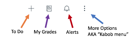 To Do, My Grade, Alerts and More Options icons are pointed out