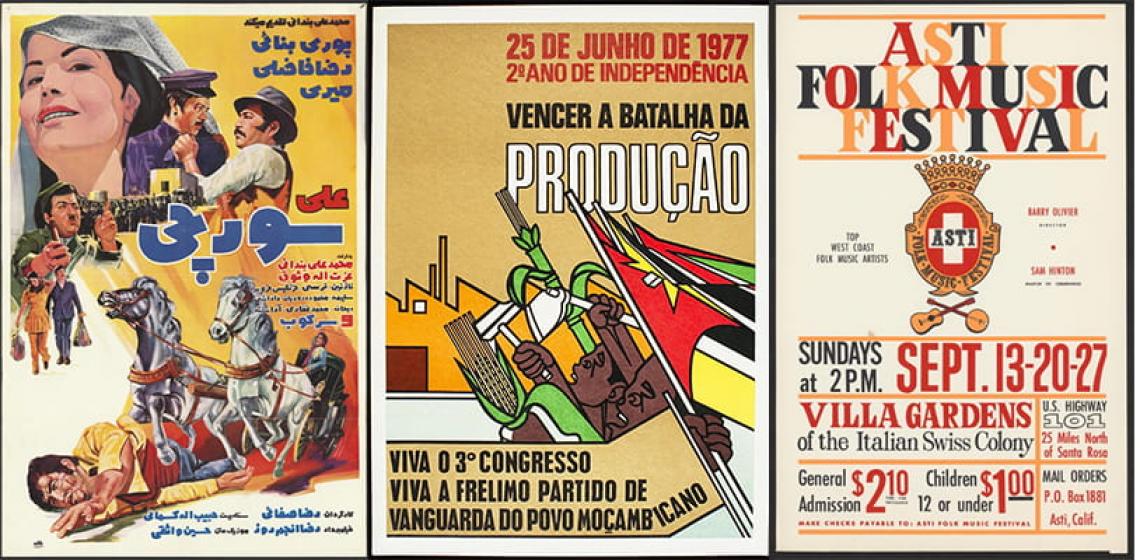 Posters from the Hamid Naficy collection, the Herskovits Library of African Studies, and the Berkeley Folk Music Festival archive