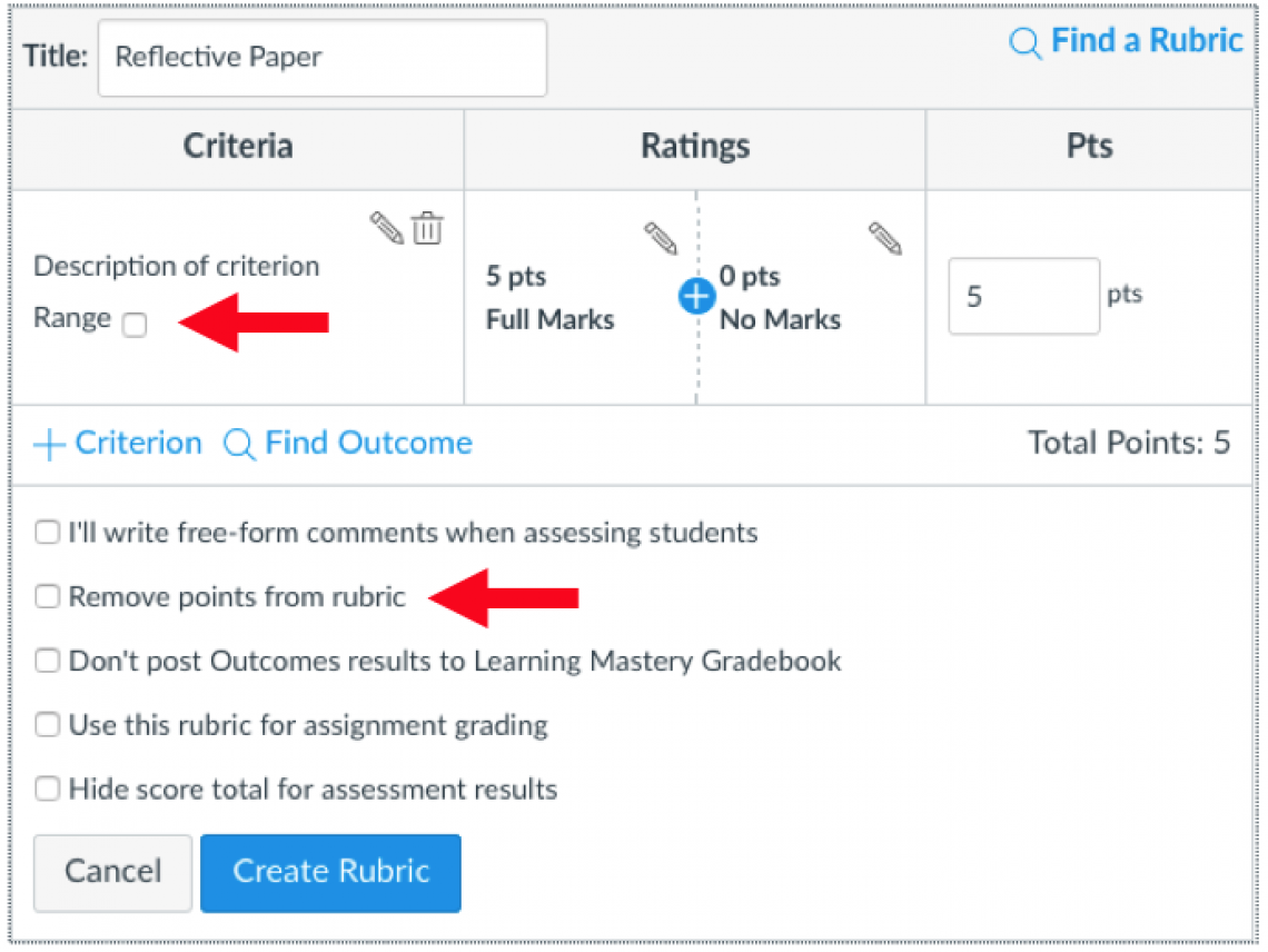 Image indicates where to click to add a point range or remove points from a rubric