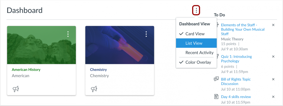 After clicking on the More Options menu, the dashboard for \"List View\" is selected